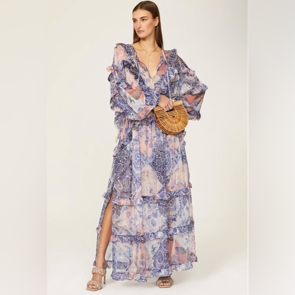 New!Misa Los Angeles Persephone Ruffle Maxi Dress Abstract Floral 🩵Medium NWT! - Picture 2 of 16